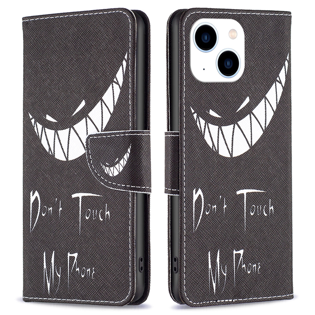 Stand Wallet Phone Case for iPhone 15 , Pattern Printing PU Leather + TPU Phone Cover - Don't Touch My Phone Stand Wallet Phone Case for iPhone 15 , Pattern Printing PU Leather + TPU Phone Cover - Don't Touch My Phone